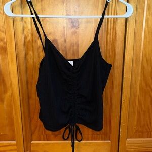Black scrunch tank top adjustable front ribbed spaghetti strap tank top